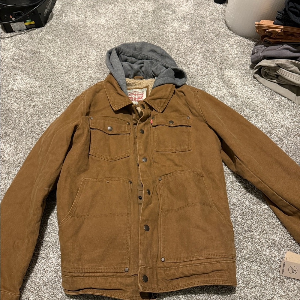 Levi's Men's Tan Jacket with Gray Hood